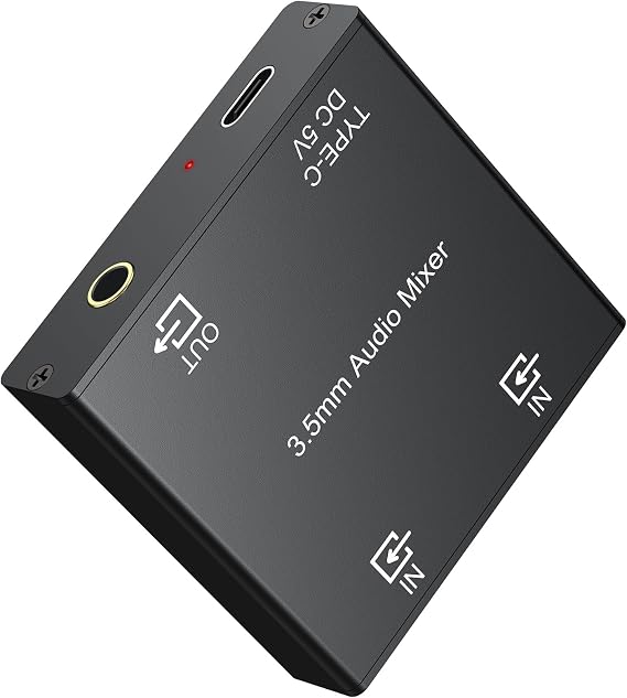 LiNKFOR 3.5mm Audio Mixer, 2-Channel Active Stereo Audio Mixer with Gold-Plated Connectors, Dual Input to Single Output, USB-C Powered, Plug & Play for PC, Phone, Tablet, MP3, Echo Dot