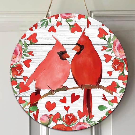 Valentines Day Wreath for Front Door, Valentine Door Decorations, Valentine's Day Cardinal Door Hanger Wooden Sign 12 Inch, February Wall Porch Decor