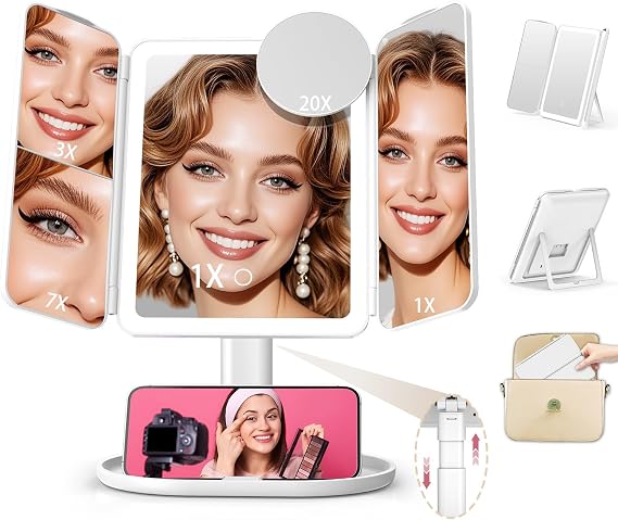 Mocado Makeup Mirror with Lights, 20X/7X/3X Magnifying Mirror with Light | Rechargeable & Height Adjustable Lighted Makeup Mirror, Vanity Mirror with 3 Colors lights,Detachable Design (White)