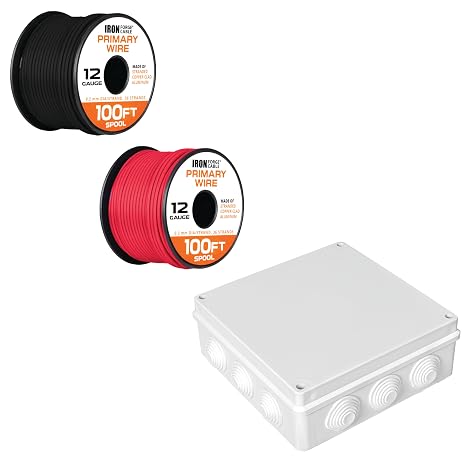 Iron Forge Cable 12Guage Primary Automotive Wire Assortment 2Roll 100Ft Copper Clad Aluminum Cable & Electrical Box 8"x8"x3.2" Junction Box & Complete Accessories Waterproof Enclosure ABS Plastic IP65