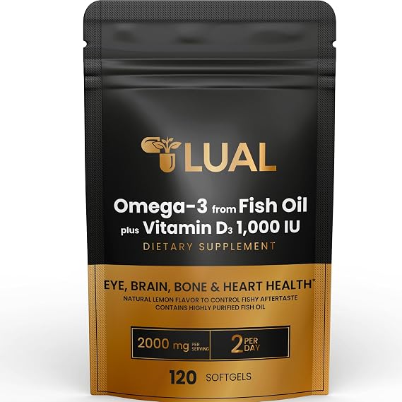 LUAL Omega-3 Fish Oil 2000mg with Vitamin D3 1,000 IU Supports Eye, Brain, Bone and Heart Health Lemon Flavor 120 Softgels