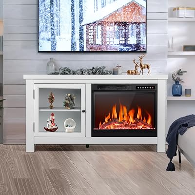 R.W.FLAME Fireplace TV Stand for 50 Inch TV,Modern Entertainment Center with 23 Electric Fireplace,Media Furniture for Living Room with Storage Cabinets, 48 Inch,White