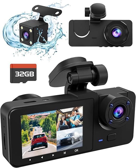 3 Channel Dash Cam,4K+1080P Dash Cam Front and Rear Inside, Dash Camera for Cars, Triple Car Camera with 32GB Card,Built-in G-Sensor, 2 IPS Display Car Camera,Loop Recording,24Hr Parking