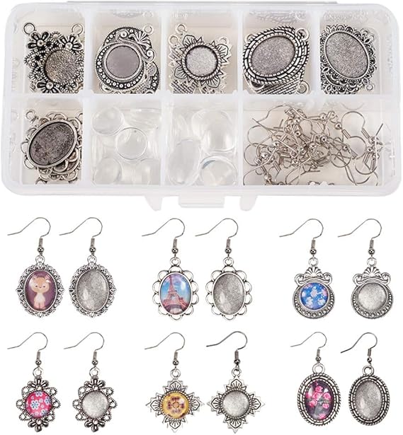 SUNNYCLUE 1 Box 72 Pieces 6 Style DIY 12 Pairs Glass Dome Cabochon Earrings DIY Starter Kits Photo Jewellery Accessories Craft Kit for Jewellery Making Women Setting for Cabochon Antique Silver