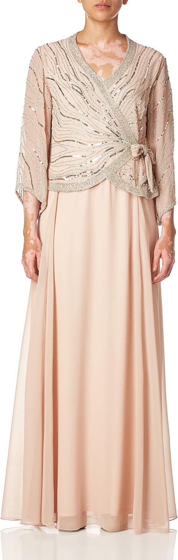 J Kara Womens Long 3/4 Sleeve V-Neck Beaded Faux Wrap Dress