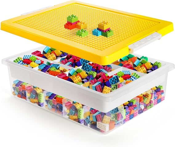 Building Block Organizer Bin, Building Baseplate Lid | Double Layer Plastic Brick Storage Box, Stackable Art Crafts Container with Removable Divided Tray for Home, Office, Yellow