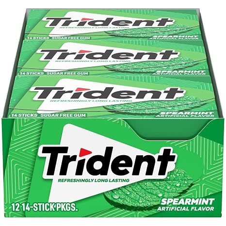 Trident Spearmint Sugar Free Chewing Gum with Xylitol 14 Sticks pack of 12