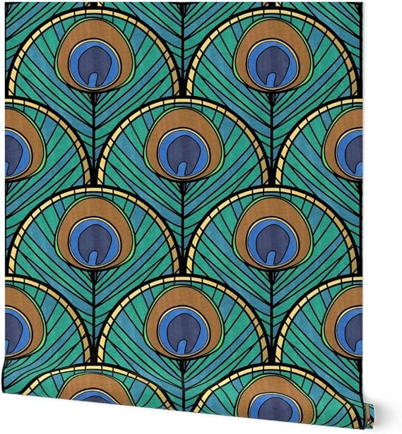 Spoonflower Peacock Art Deco Fan Pre-Pasted Removable Wallpaper