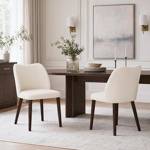 MALOL Dining Chairs Set of 2, Upholstered Fabric Kitchen Chairs with Curved Back, Padded Seat and Solid Wood Legs, Modern Dining Chair for Kitchen Dining Room, Beige