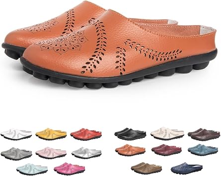 Ujicde Women Casual Mules Hollow Summer Slippers, Lightweight Comfy Leather Backless Flat Mules Sandals Slip On Loafer Shoes (Color : Orange, Size : 40)