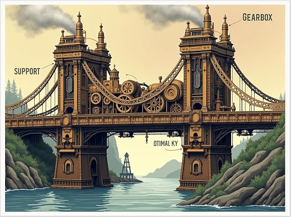 Steampunk Mechanical Bridge Poster Vintage Industrial Sci-Fi Art Print Retro Fantasy Architecture Wall Decor 11x14in Unframed