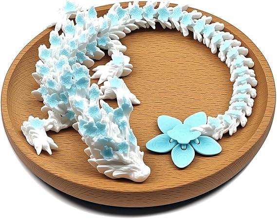 3d Printed Dragon, Dragon Fidget Toy, Blue and White Cherry Blossom Dragon Fidget Toys, Articulated 3D Printed Dragon for Desk Decoration, Desk Toys Home Office Decor