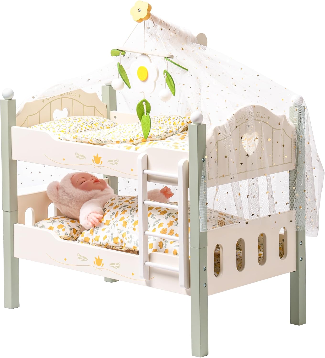 ROBOTIME Wooden Doll Bunk Bed, Dolls Cots Convertible Bed with Ladder and Bedding, for 18 inch Stackable Dolls Crib, Perfect Doll Accessories, Gift for Children, Green