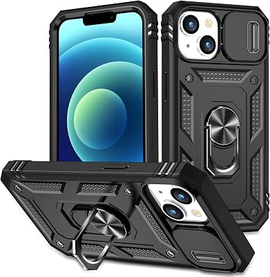 for iPhone 15 Case Military Grade Drop Shock Protection Cell Phone Cover with Slide Camera Cover Built-in 360 Rotate Ring Stand for iPhone 15 6.1 - Black