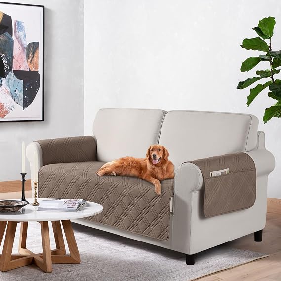 TAOCOCO Waterproof Loveseat Covers for Pets Dogs with Non Slip Backing, Sofa Seat Covers with Pocket for 2 Cushion Couch Washable Dog Couch Cover Protector Sofa Slipcovers(Loveseat Plus, Taupe)