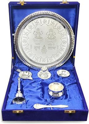Pooja Thali Set Silver Plated with Blue Gift Box Designed 22 cm Puja Plate Kalash Bowl Ghanti Spoon Dhup Dan Diya for Home Office Diwali Wedding Return Gift Items