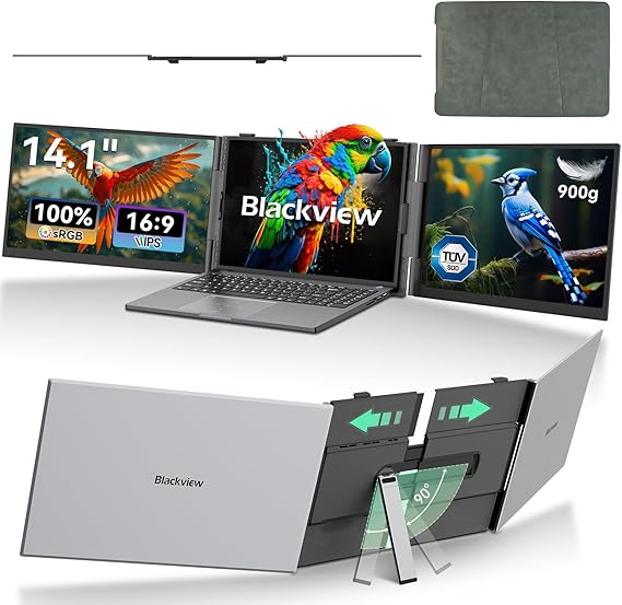 Blackview DCM6 14" Triple Laptop Screen, 0.17" Ultra-Thin, 1080P FHD Portable Monitor Eye protection, Travel for 13-17.3'' Laptop, Plug Play Compatible with Windows/Mac/Chrome OS