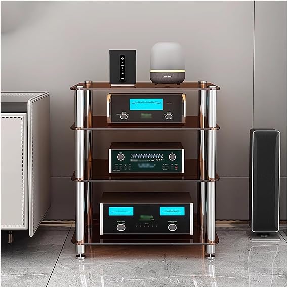 YLLFFLL 1/2/3/4-tier Media Stand Audio/video Component Cabinet with Glass Shelf, Heavy Duty Stereo Racks And Stands Stereo System, Modern Audio Rack Tower(Brown,4 tier)