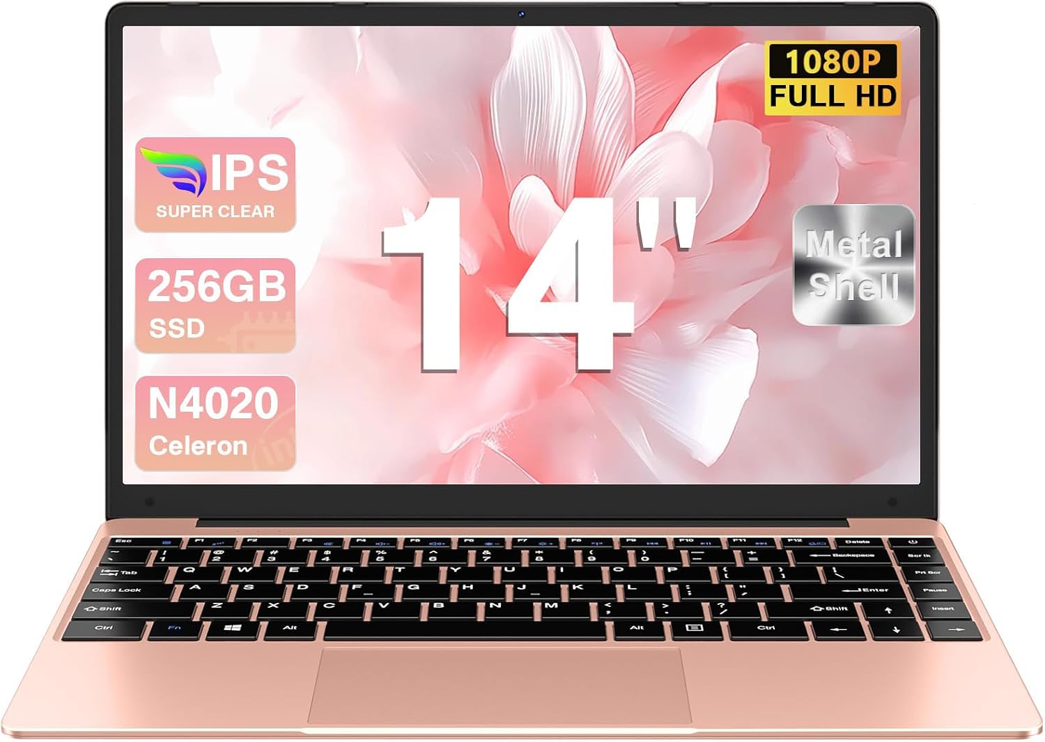 14 Win 11 Traditional Laptop 256GB SSD Support SSD 1TB 512GB TF Expand Celeron N4020 Laptops 1920x1080 FHD Mini HDMl 2.4G5G WiFi BT 4.2 512GB TF for Business and Students-Gold