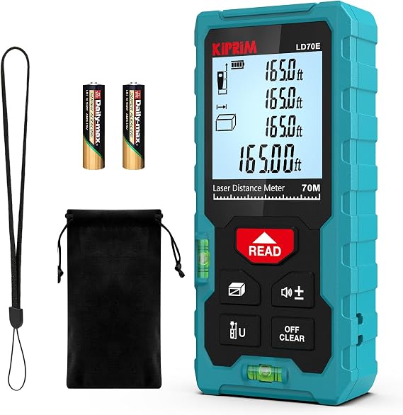 Kiprim LD70E Laser Distance Measure,229ft/70M,Backlit LCD,Ft/M/in Switch | High‑accuracy compact laser measuring tool equipped with large backlit LCD.Supports ft/m/in unit switching and bubble level.