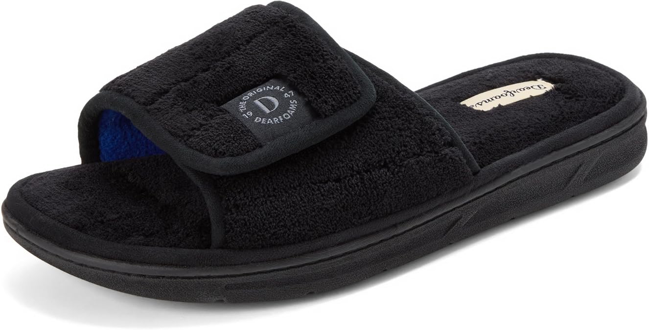 Dearfoams Men's Adjustable Indoor/Outdoor Memory Foam Machine Washable Summer Slide Slipper