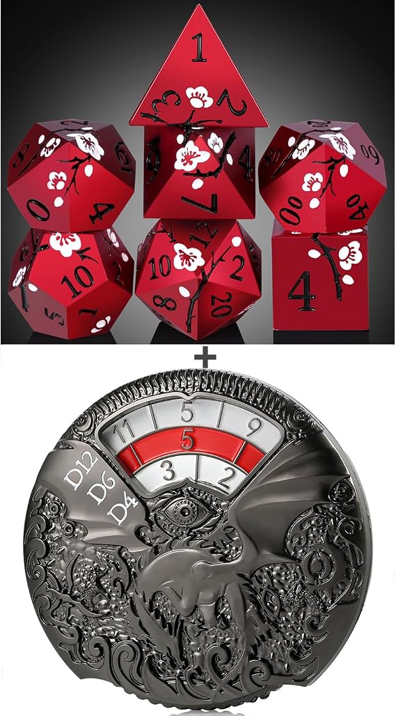 DNDND Matt Red Flower DND Metal Dice with Gift Case and DNDND Dragon Roulette Spinner Dice