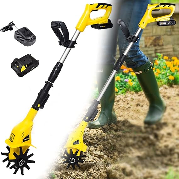 Handheld Tiller Rotavator with 4000Mah Lithium Battery and Charger,20V Cordless Electric Tiller Rotavator, Portable Cultivator for Gardens with Adjustable Handle, for Vegetable Plots, Lawn, Garden
