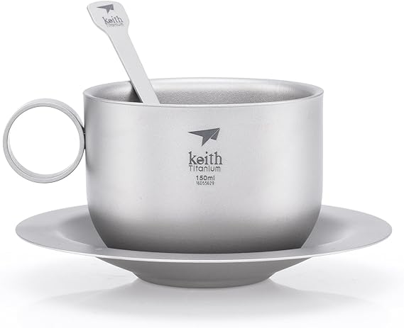 Keith Titanium Ti3601 Double-Wall Coffee Cup with Saucer and Spoon