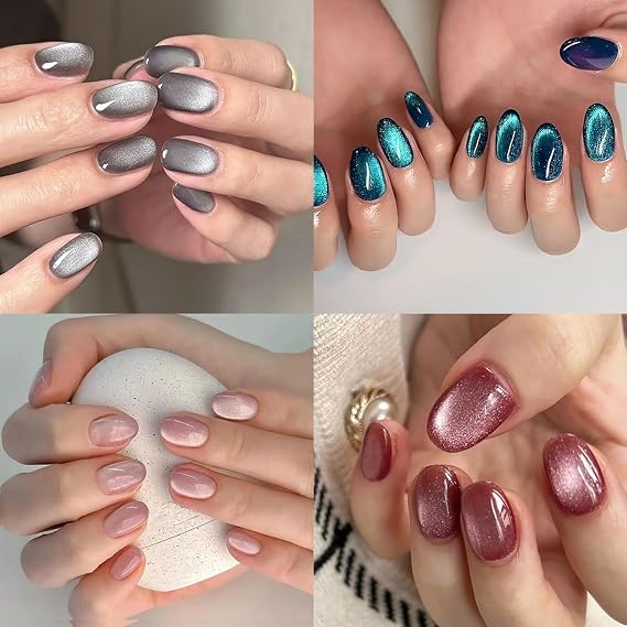 4 Packs (96 Pcs) Short Almond Press on Nails - Mix Color, Glitter Fake Nails, Oval Glue on Nails for Women, Stick on Kit 12 Sizes-4 Styles