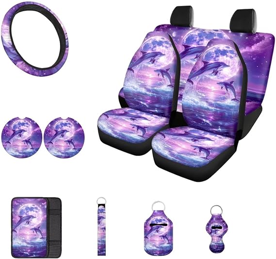 doginthehole Car Accessories for Women Interior Aesthetic Purple Moon Ocean Dolphin Car Seat Covers, Universal Steering Wheel Cover, Cup Holders Coaster, Keychain, Auto Armrest Seat Box Cover Full Set