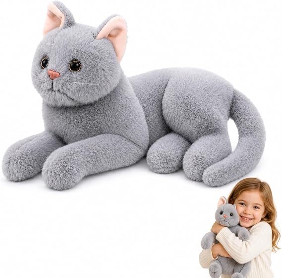 Gadpiparty Gray Cat Stuffed Animal, Realistic Stuffed Cat, for Kids Home Decor and Comfort Pillow Grey