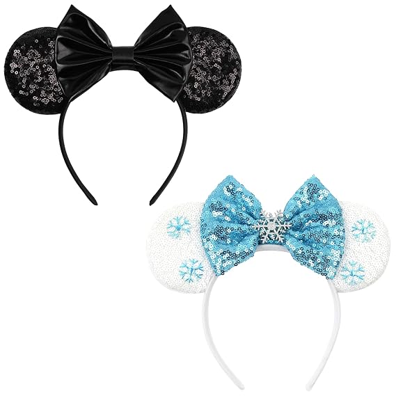 bianbaistar Mouse Ear Headbands Bundle:Sparkle Sequins Black Mouse Ears Headband&Snowears Velvet Headband