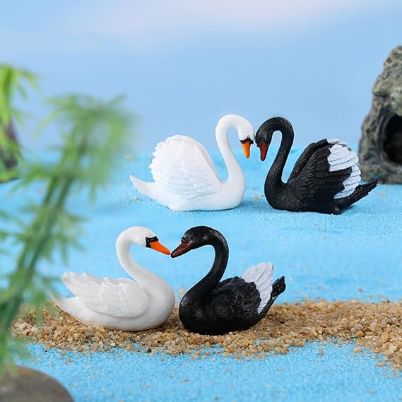4Pcs Swan Miniature Figurines, Black & White Swans Fairy Garden Accessories