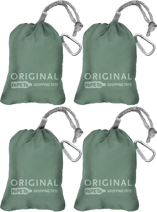 ChicoBag Original Reusable Tote with Carabiner Clip | Compact Reusable Grocery Bags | Recycled Materials | Sage (Pack of 4)