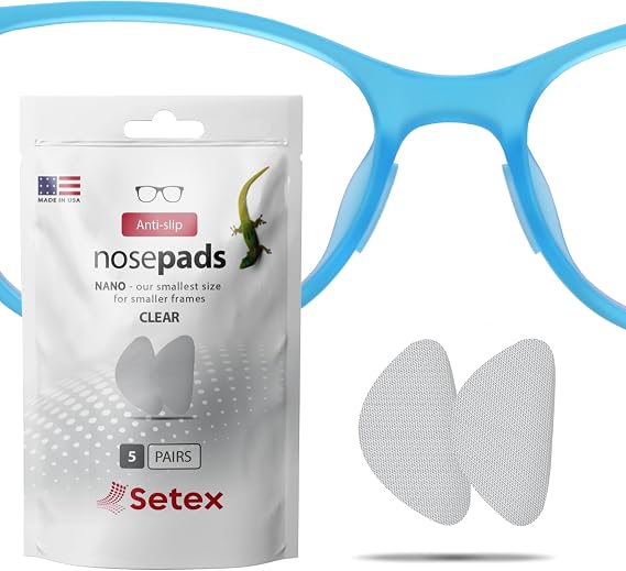 Setex Gecko Grip Nano 0.6mm Anti Slip Nose Pads for Glasses, 5 Pair, Clear | Smallest, Thinnest, 2,000 Gecko Inspired Micro Fibers, Non Slip, Secure Fit for Glasses with Wet, Sweat and Oil, Made in USA
