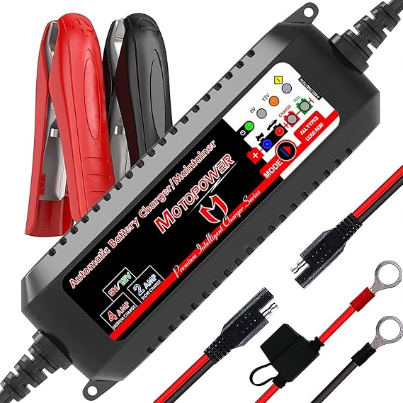 MOTOPOWER MP00207 6V and 12V 4AMP Automatic Smart Battery Charger | Battery Charger, Battery Maintainer, Battery Desulfator with Force Charging Recondition Mode