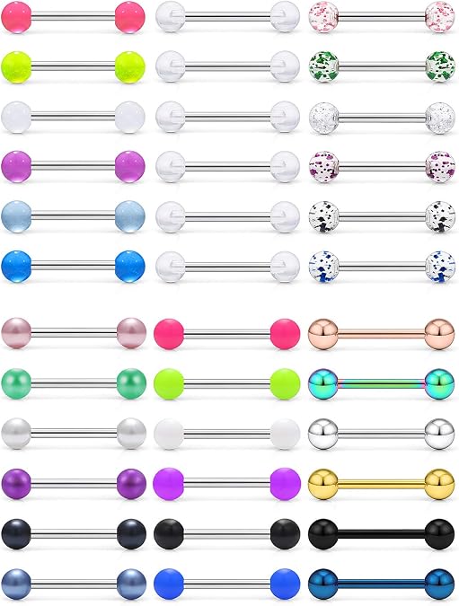 SCERRING 14G Stainless Steel Tongue Barbell Ring Nippleings Nipple Rings Shinny Acrylic Glow in Dark Opal Gilitter Balls Body Piercing Jewelry Retainer 14mm 16mm 36PCS