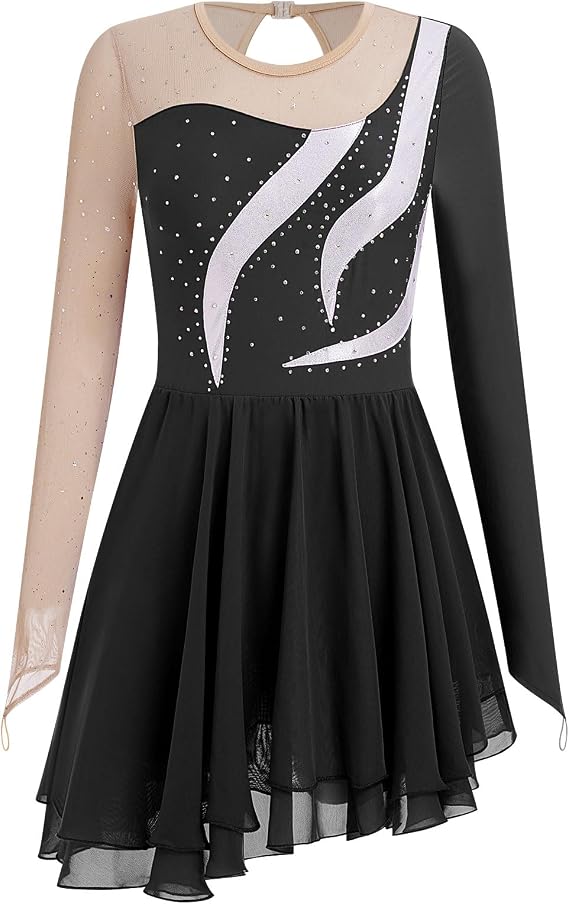 Ice Skating Dress for Women Long Sleeve Figure Skating Costume Rhythmic Gymnastics Leotard Sparkly Chiffon Skirt