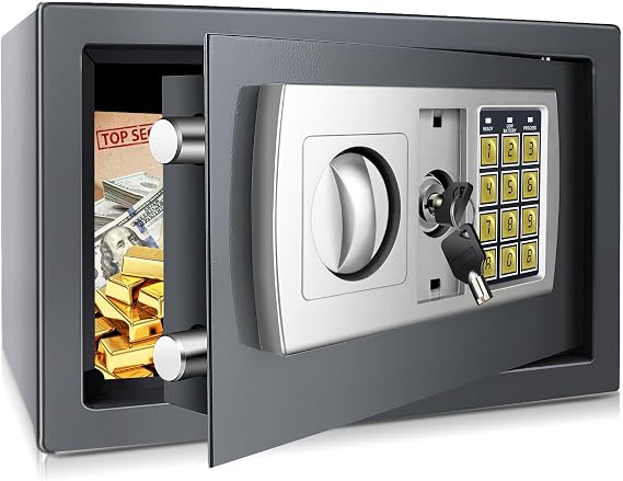 Electronic Digital Safe Box Fireproof Waterproof Steel Cash High Security Code Lock Key Safe 8.5L Gray