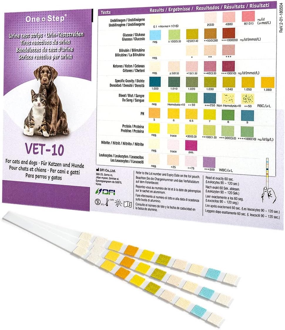 One Step Pet Urine Test Strips, 15 x Urinalysis 10 Parameter Tests in a Re-sealable Foil Pouch, Tests for Dogs Cats &amp; Animals, Accurate Testing for UTI Diabetes Bladder Kidney Liver SG pH Glucose