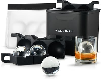 Berlinzo Premium Clear Ice Ball Maker Mold - 4 Large 2.1-inch Crystal Clear Ice Spheres for Whiskey & Cocktails - Easy-to-Remove Ice Round Mold - Storage Bag & Silicone Inserts Included Non-Electric
