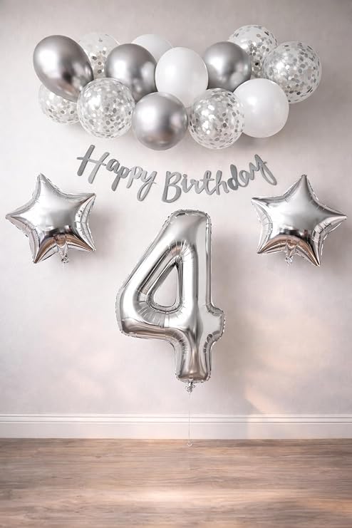 Gumus Konsept Dogum Gunu Kutlama Seti Beyaz Gumus Konfetili Balon Rakam Yıldız Folyo ve Banner (4 Yaş)