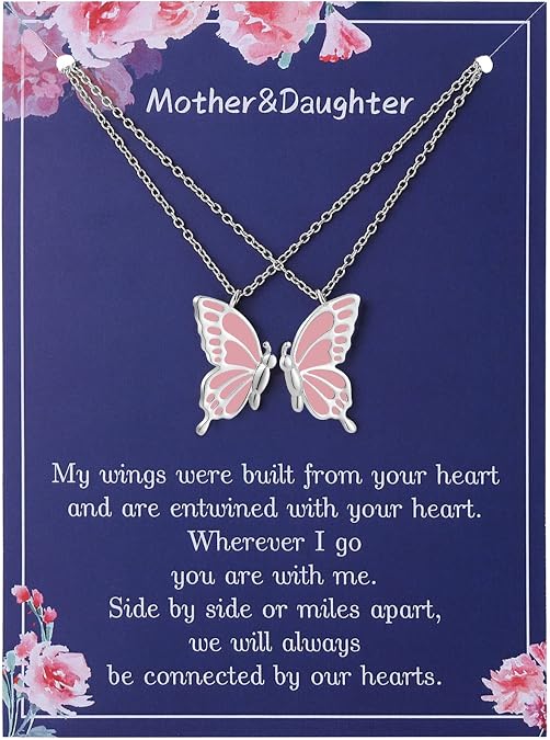 RS Mother Daughter Mom Necklaces Set 2 Butterfly Matching Necklace Women Mother's Day Christmas Valentines Pendant Chain Jewelry Girls Gifts