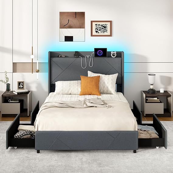 COSTWAY 4FT6 Double/5FT King Size Bed Frame with RGB LED Lights, Charging Station, Storage Headboard and 4 Underbed Drawers, Modern Platform Bed Frame Slat Support Mattress Base (Double 4FT6)