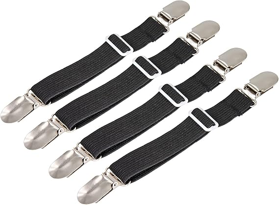 BetyBedy 4Pcs Adjustable Bed Sheet Fasteners Suspenders, Elastic Sheet Band Straps Clips, Cover Grippers Suspenders Holder for Mattress Pad Cover, Sofa Cushion (Black)
