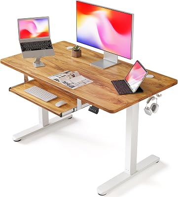 FEZIBO Standing Desk with Keyboard Tray, 40 x 24 Inch Adjustable Height Sit Stand Desk with Memory Presets for Home Office, Ergonomic Computer Workstation, Light Rustic