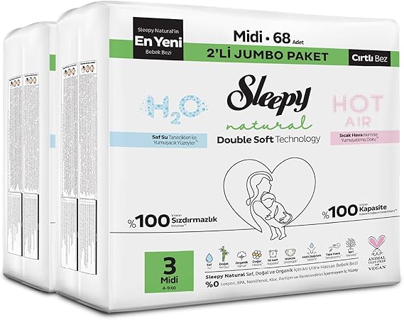 Sleepy Natural Double Soft Avantajlı Mega Paket Bebek Bezi 3 Numara Midi 136 Adet