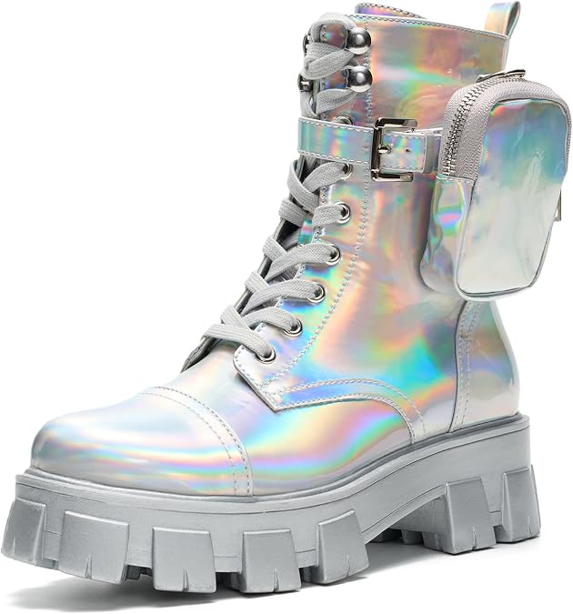 Cape Robbin Women's Platform Combat Boots - Lace Up Chunky Ankle Booties with Built-in Zippered Pouch - Side Zipper Lug Sole Boots with Buckle Strap Round Toe (Monalisa)