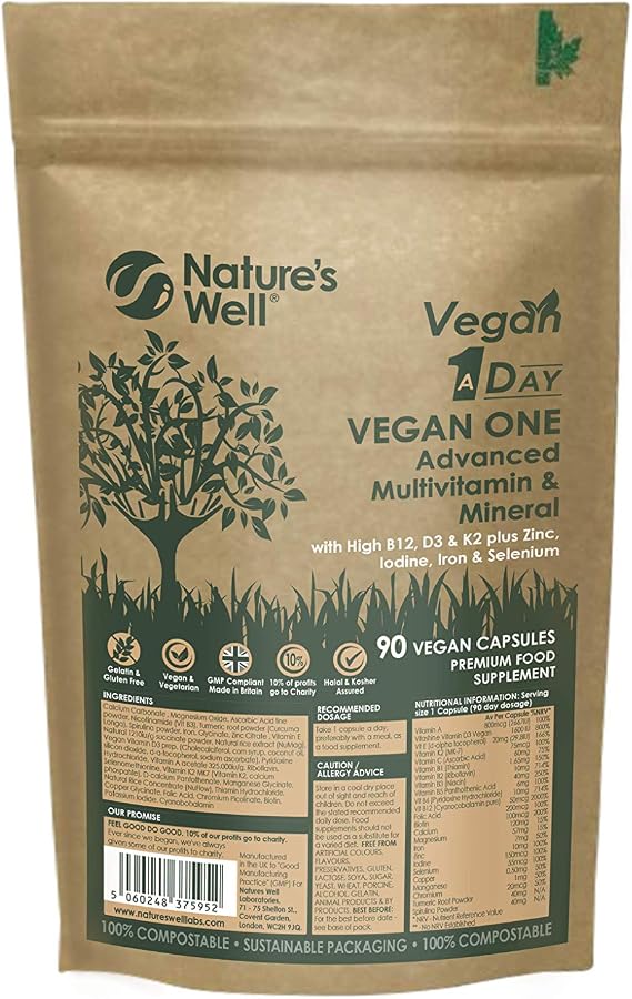 Vegan Multivitamins & Minerals with High Strength B12, D3 & K2, 90 Capsules – Halal & Kosher, Made in UK by Nature’s Well, Designed for Vegans & Vegetarians - Pouch