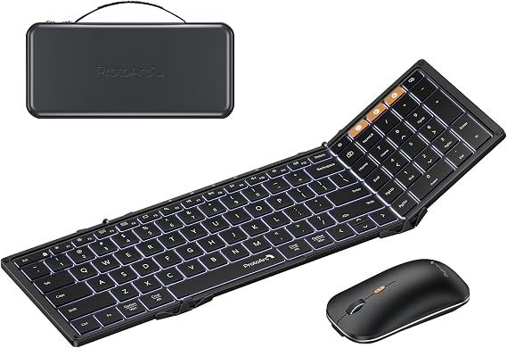 ProtoArc XKM01 Pro Backlit Foldable Keyboard and Mouse, Full Size, Black